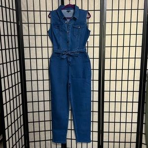 Jean jumpsuit with button down front and tie waist size L